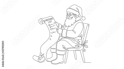Continuous One Line Drawing of Santa Claus Reading Christmas List While Sitting on a Chair