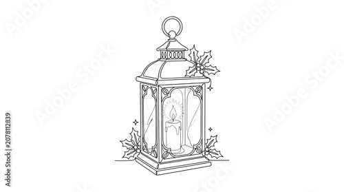 Continuous One Line Drawing of Vintage Christmas Lantern with Candle and Holly