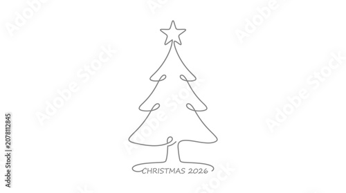 Continuous Single Line Drawing of Christmas Tree with Star for 2026 Holiday