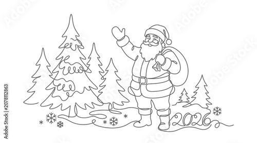 Continuous One Line Drawing of Santa Claus Waving Hand Near Pine Trees with 2026 Text