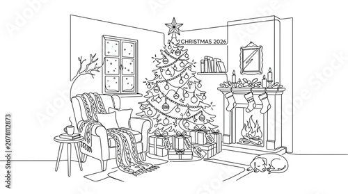 Cozy Christmas Living Room Interior Line Art with Decorated Tree and Fireplace