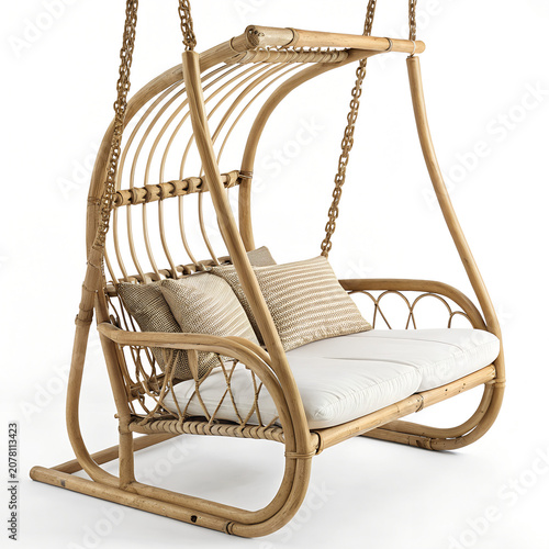Wicker hanging swing chair with cushions studio lighting white background