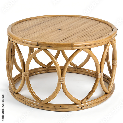 Rattan coffee table with woven details and circular frame on white background