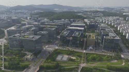 Aerial Drone View of Pangyo Techno Valley IT Industrial Complex and Cityscape in Seongnam, South Korea