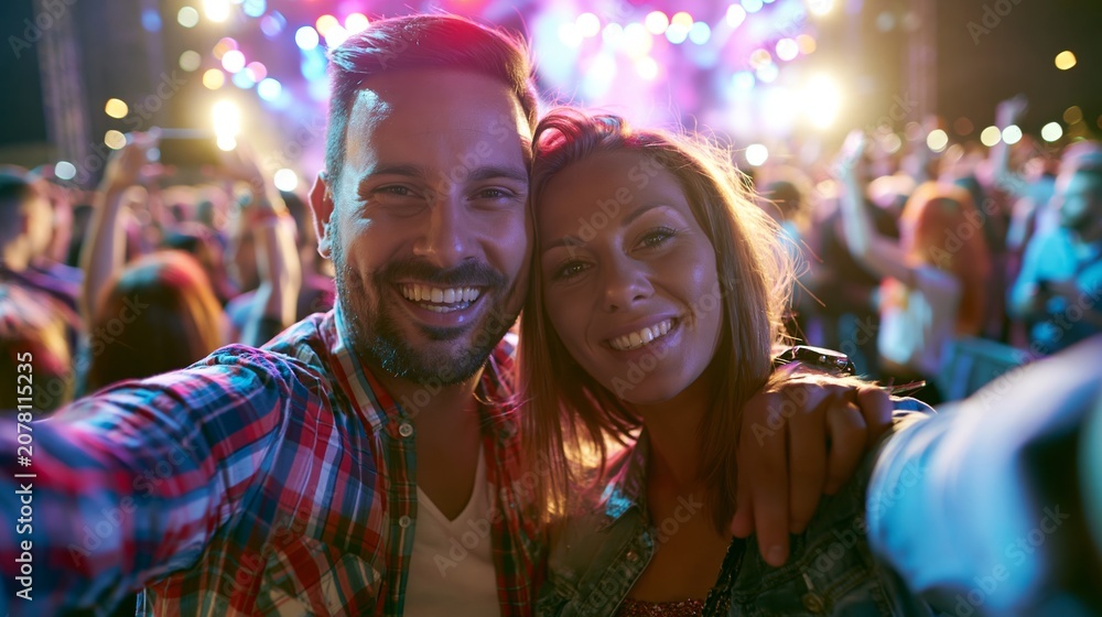 Fototapeta premium Happy young couple taking selfie at vibrant music festival, celebrating with friends during a lively night concert