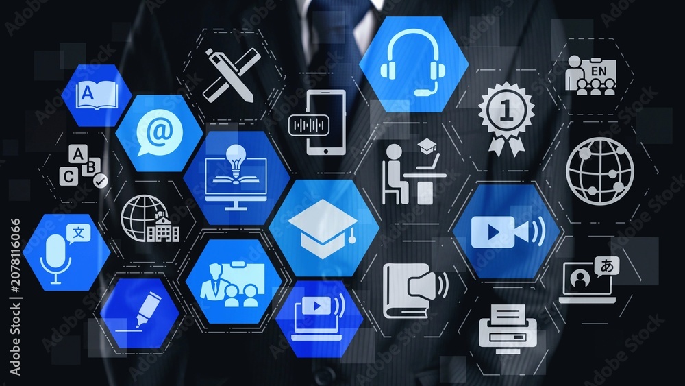 Fototapeta premium Online education icons show e-learning, online education classes, and digital study. Online education enables global online education access, flexible learning. Gist