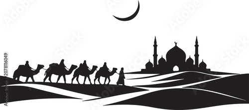 Camel Caravan Journey Toward Desert Mosque
