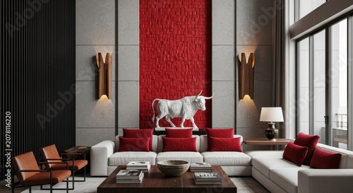 Luxurious living room with red wall and bull sculpture.