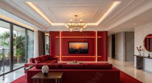 Luxurious modern living room with red velvet sofa and lighting.