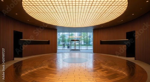 Luxury building entrance with circular illuminated ceiling feature.