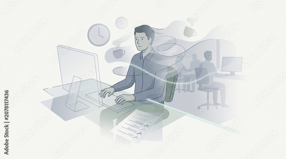 Naklejka premium Professional man working diligently at his computer desk with subtle clock and coffee mug icons