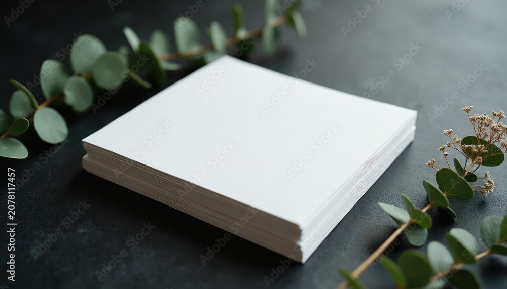 Fototapeta premium Stack of blank white cards rests on dark surface. Eucalyptus branches frame stack. Perfect for invitations or business cards. Clean elegant design element.
