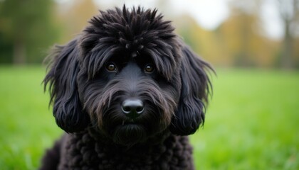 Black Puli dog with thick corded fur sits on green grass. The canine has shaggy hair covering its face, looking forward intently. This purebred animal has long, matted hair forming dreadlocks.
