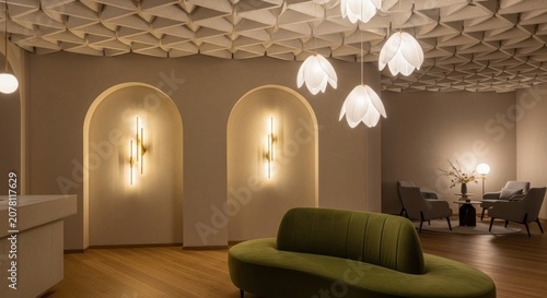 Luxury hotel lounge interior with green sofa and arches.