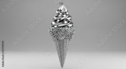 Metallic silver ice cream cone 3D art sculpture.