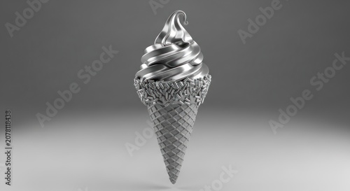 Metallic silver soft serve ice cream on waffle cone.