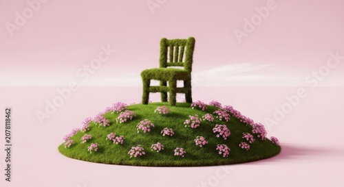 Miniature grass chair on flowery hill with pink backdrop.