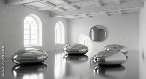 Minimalist art gallery interior with metallic pebble sculptures.