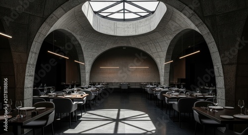 Minimalist dining hall with stone arches and overhead skylight.