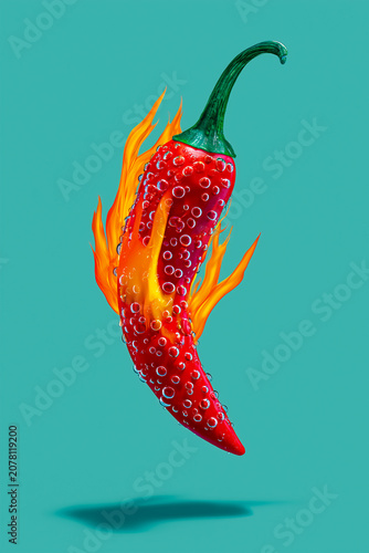 Fiery red chili pepper covered in water droplets, suspended against a vibrant turquoise background with dramatic flames.
