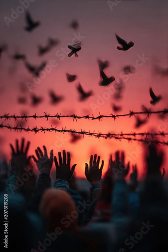 Silhouette of refugee hands raised with birds flying over barbed wire at sunset, symbolizing hope and freedom