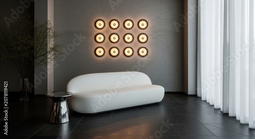 Minimalist living room with white sofa and glowing wall lights