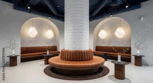 Minimalist lounge featuring curved seating and architectural arches.