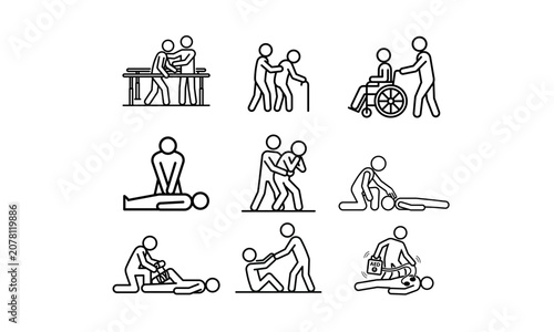 Elderly Care and First Aid Pictogram Icons Set