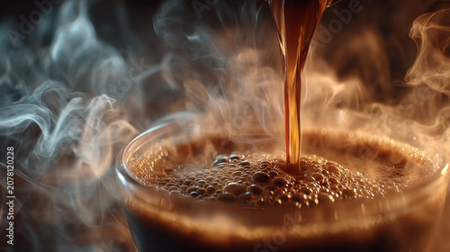 Steam swirling in soft focus while espresso pours cleanly in center frame