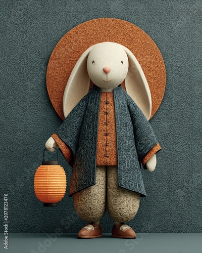 Mid-Autumn Festival bunny holding traditional lantern, flat vector design