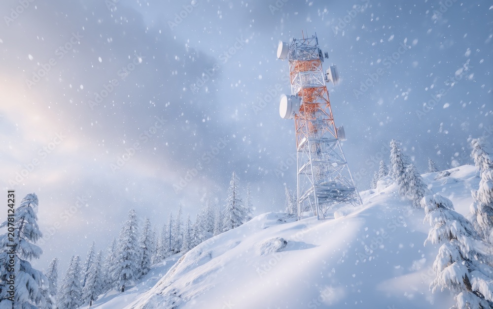 Fototapeta premium Communication tower on snowy mountain with winter forest and snowfall