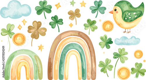 Obraz na plátně Watercolor St Patricks Day Vector Element Set with Green Rainbow, Shamrocks, Clo