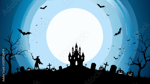Fotografie Silhouette of a haunted castle graveyard and figure against a layered blue moonl