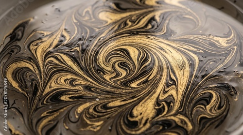 A close-up of swirling marble ink on a water surface with gold, black, and gray colors mixing
