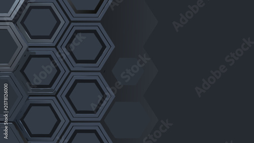 Cuadro en lienzo Dark gray hexagonal pattern with recessed cells a 3d rendering against a black b