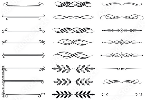 Set of elegant dividers and text separators with leaves and flourishes in black color.