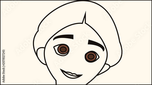Minimal vector line art illustration of a smiling young woman face with big brown eyes and middle parted hair isolated on a plain background.