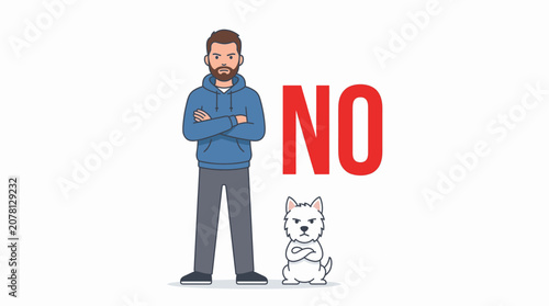 Rejection Concept Illustration Showing a Man and Dog with Crossed Arms Saying No to Set Boundaries