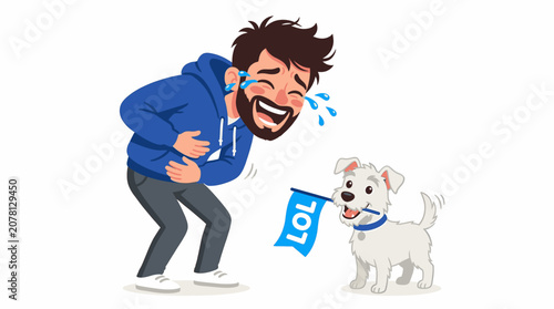 Man Laughing Hysterically While Dog Holds Lol Flag