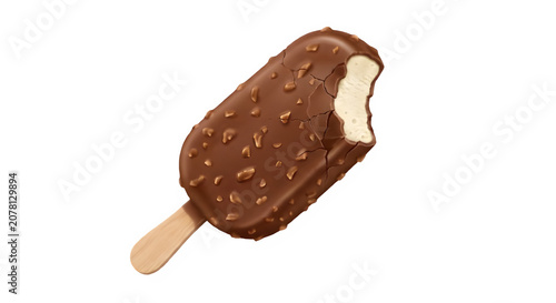 Bitten chocolate almond ice cream bar on a wooden stick isolated on a transparent background PNG.