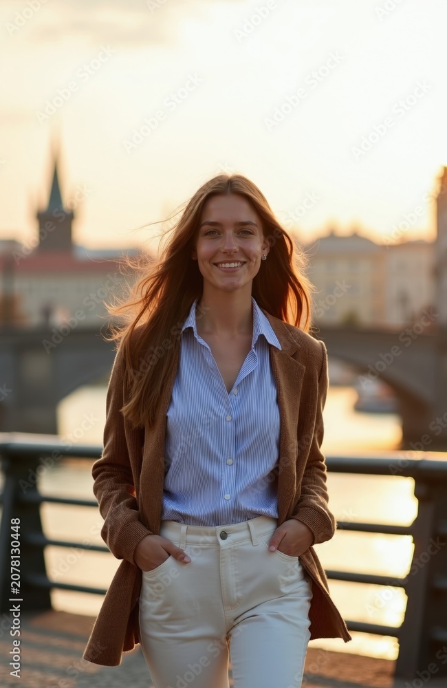 Fototapeta premium Smiling young woman with long hair walks near river in city at sunset. She wears brown jacket light blue shirt and white pants. European capital city with bridge in background. Calm relaxed mood.