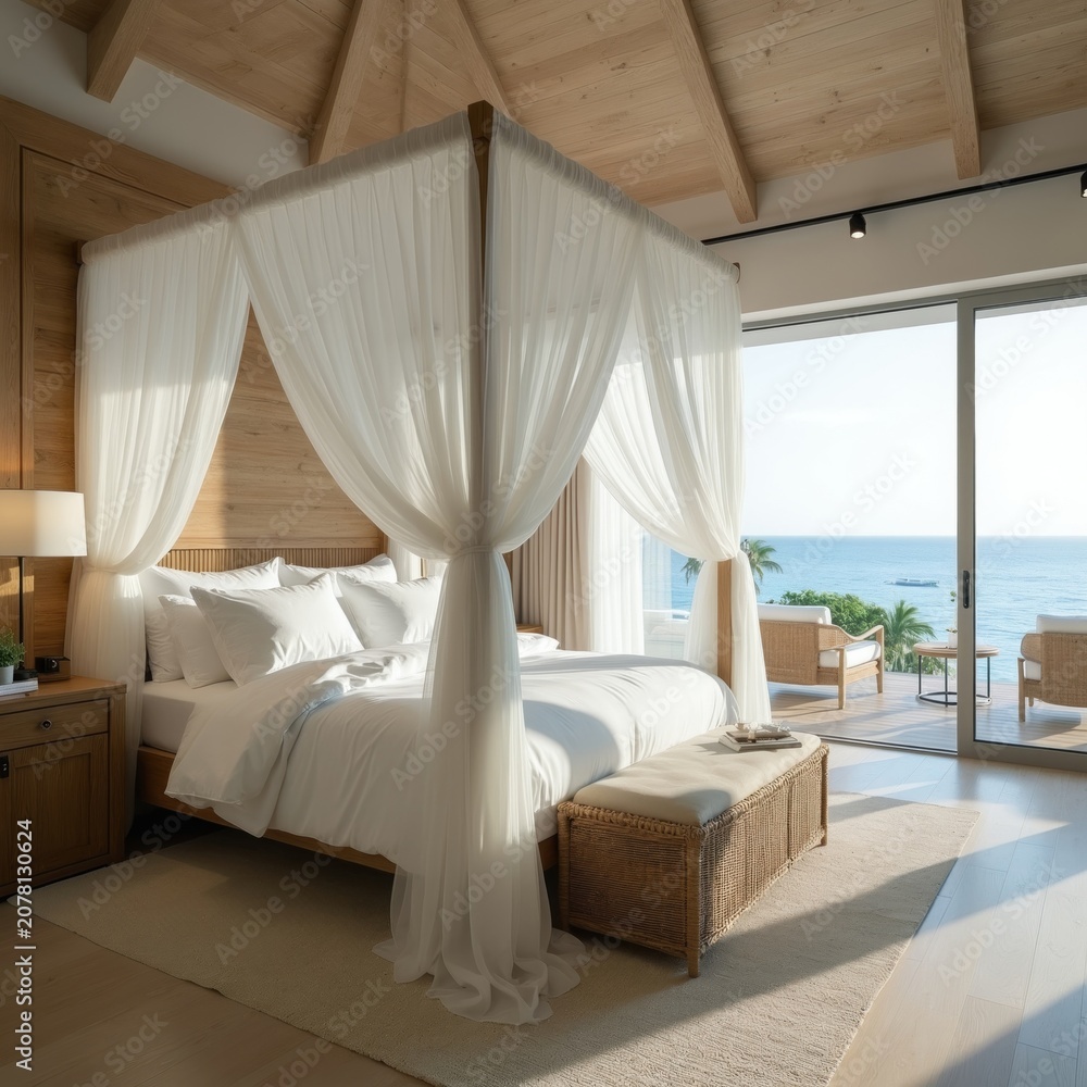 Fototapeta premium Bedroom with canopy bed overlooks ocean. White bedding, sheer curtains, wooden ceiling beams, ocean view terrace outside. Peaceful morning light.
