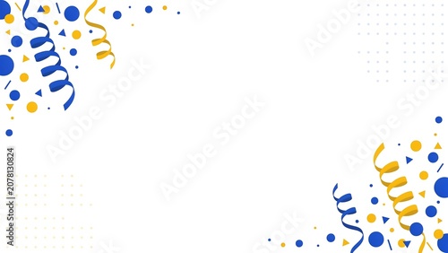 Blue and yellow confetti and ribbons on white background with gray dots  celebration design