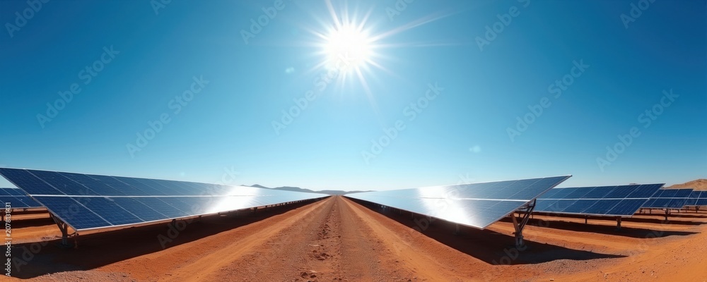 Fototapeta premium Vast solar farm stretches across barren desert landscape. Rows of photovoltaic panels absorb bright sunlight under clear blue sky. Renewable energy generators work in arid environment powering future.