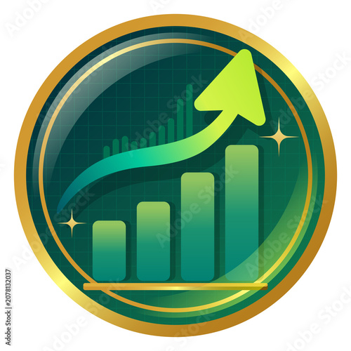Green Financial Growth Bar Chart Icon with Upward Arrow and Gold Rim