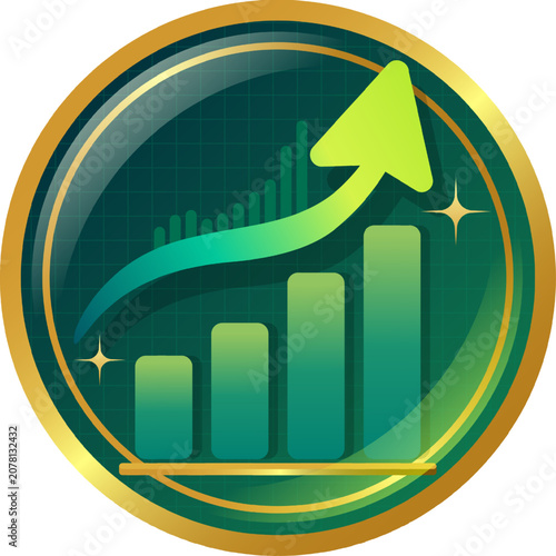 Financial growth icon with rising bar chart and upward green arrow