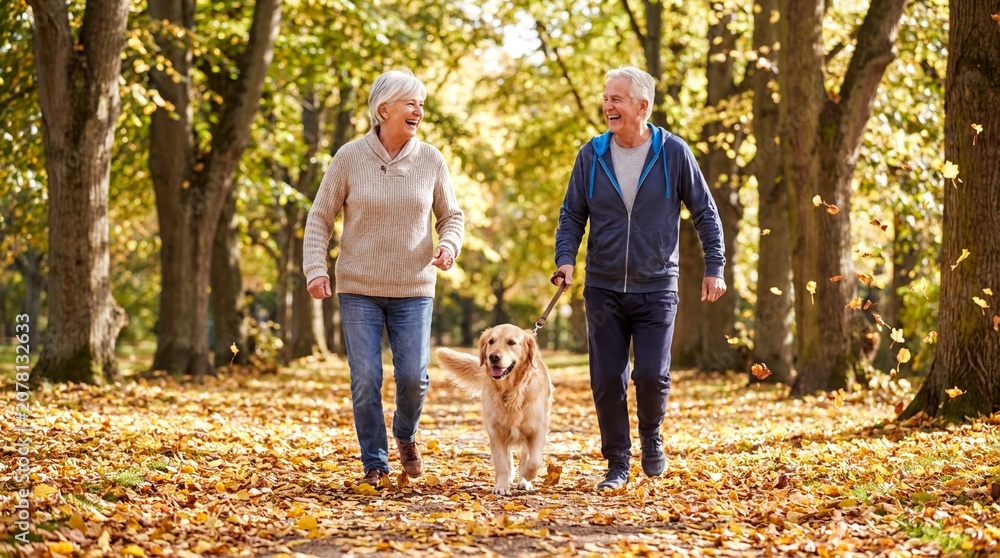 Fototapeta premium active senior lifestyle, an energetic senior couple jogs joyfully with their dog amid autumn leaves