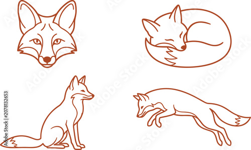 Obraz na plátně Hand Drawn Fox Illustration Set with Portrait Head, Sitting Fox, Sleeping Curl P