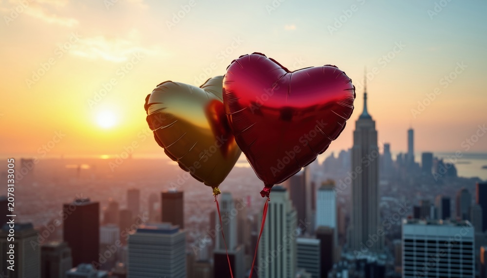 Fototapeta premium Two heart balloons float in front of New York City skyline at sunset. Red and gold balloons reflect golden sunbeams. Cityscape view features tall buildings and Empire State Building.