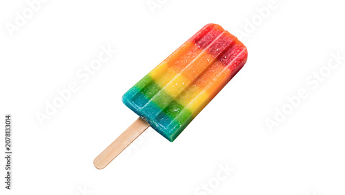 Photos Colorful rainbow striped fruit ice pop popsicle on a wooden stick isolated on tr